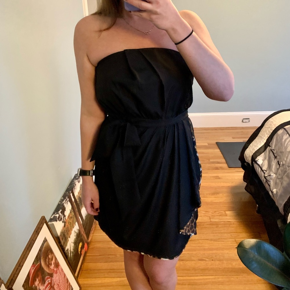 Black strapless mini with leopard lining